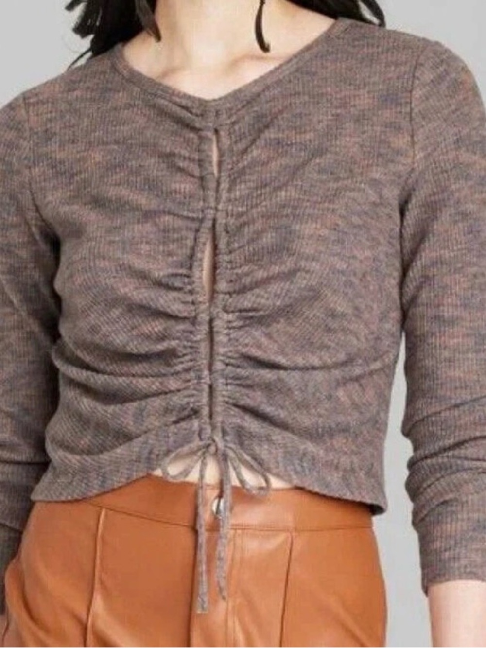 Wild Fable Ribbed Ruched Drawstring Top Brown Pink Long Sleeve NWT L